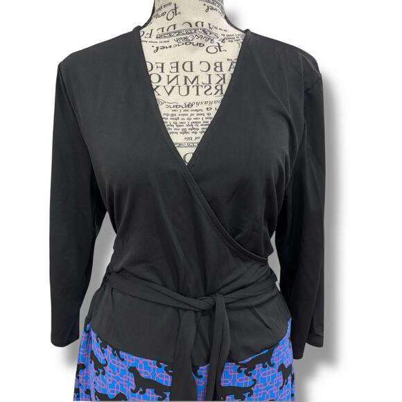 Leota Black Wrap Top with Blue Patterned Skirt Mini Dress - Picture 2 of 5